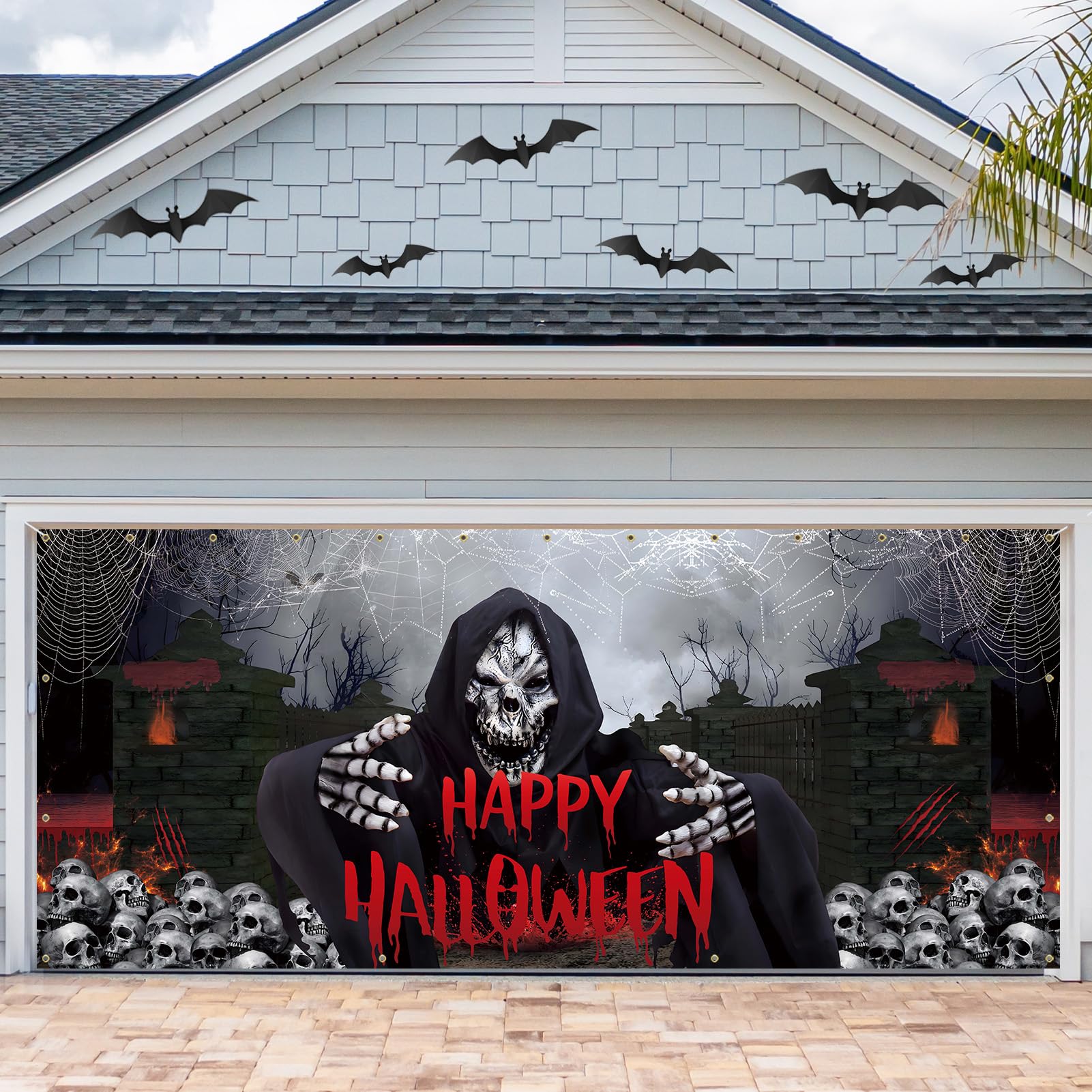 Vlipoeasn Halloween Garage Door Decorations, 7X16 Ft Halloween Garage Door Cover Banner, Skull Ghosts Halloween Outdoor Party Ph